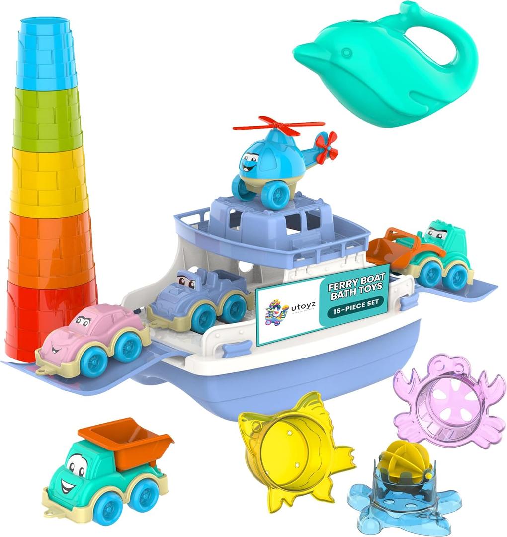 Ferry Fun & Friends  15pcs & Baby Bath Toys with Ferry Boats, Cars for Bathtub, Trucks, Helicopter, Stacking Cups & Toy Animals, Toddler Bath Toys for 1 Year Old, Toddler Pool Boat Baby Toy
