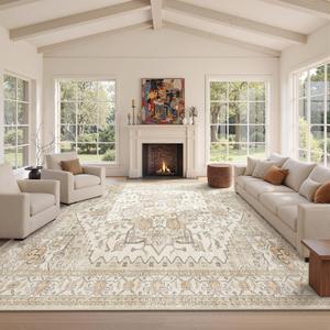 Area Rugs for Living Room - 9x12, Boho Non-Slip Low Pile Carpet Machine Washable Rugs for Bedroom, Farmhouse, Office, Dining Room (Gold)