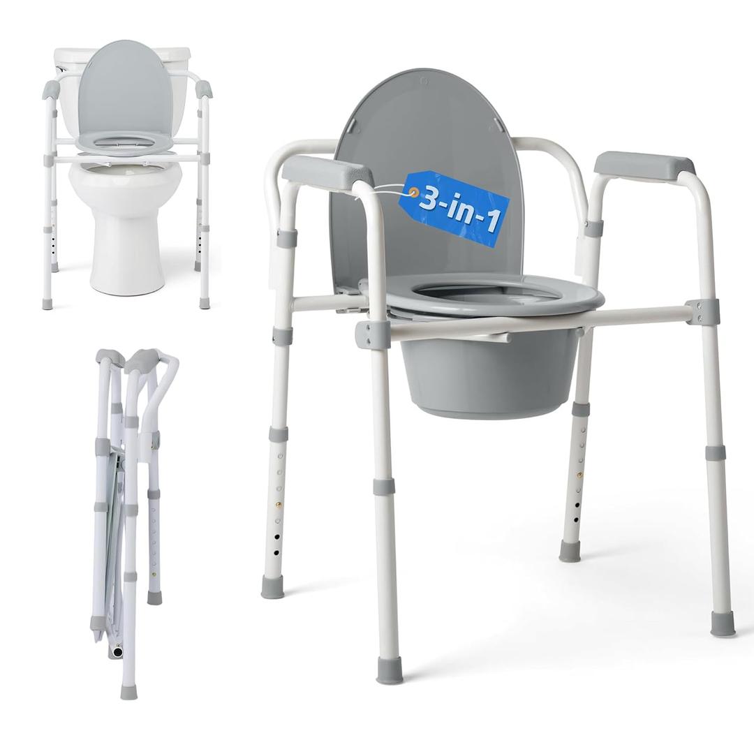 Medline Dark Gray 3-in-1 Folding Commode with Elongated Seat, Microban Treated - Portable, Adjustable, Durable - Ideal for Medical Patients