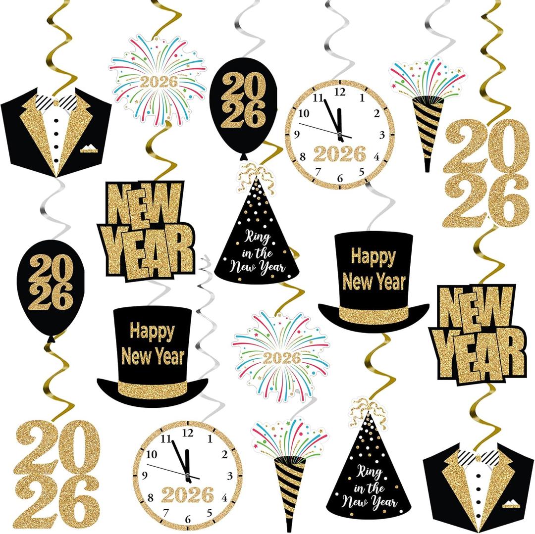 KatchOn, Happy New Year Hanging Swirls Decorations - No DIY, Pack of 30 | New Years Eve Party Supplies 2026, New Years Decorations 2026 | NYE Decorations 2026, Happy New Year 2026 | Nye Party Supplies (Black & Gold)
