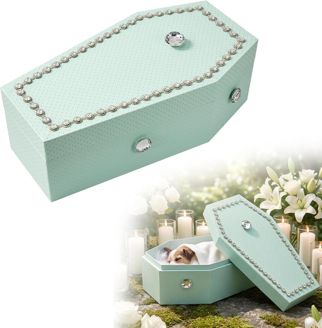 cradle to grave Pet Casket and Coffin for Dogs and Cats, Biodegradable Burial Box with Rhinestone, Complete Memorial Funeral Kit Includes Hair Keepsake Bottle, Scissors & Feather Pad, Mint Green