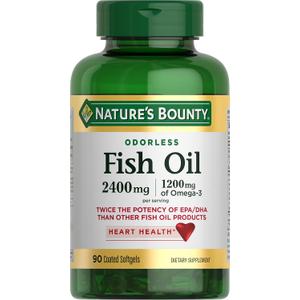 Nature's Bounty Odorless Fish Oil, 1200mg Omega-3 per Serving Including EPA & DHA, Supports Heart Health, Purified to Eliminate Mercury, Coated Softgels, Gluten Free, No Shellfish, 90 Ct (EXP 01/01/29)