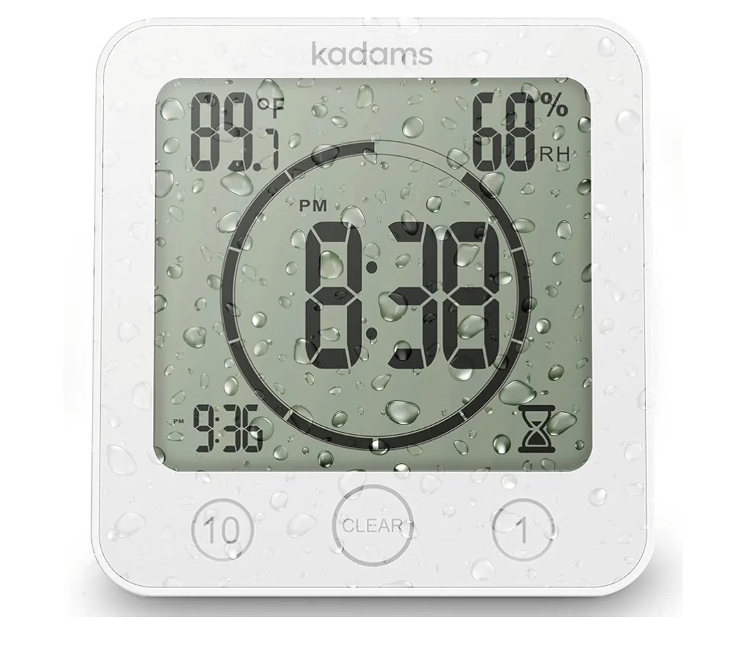 KADAMS Shower Clock Waterproof Bathroom Timer – Digital Wall Clock with Countdown, Magnetic Kitchen Clock with Temperature & Humidity, Suction Cup for Kids Shower Spa Sauna Cook Bath, White