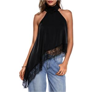 Milumia Women's Halter Neck Sleeveless Top Lace Asymmetrical Hem Summer Going Out Tank Tops Black Medium