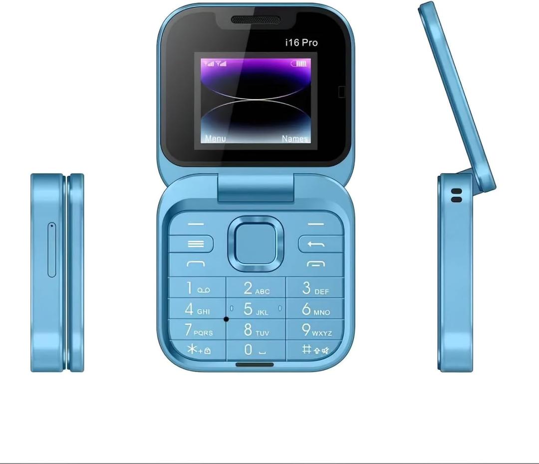I16 Pro Mini Flip Phone, 1.77 Inch HD Display, Dual SIM 2G GSM, Foldable Design with Big Buttons, FM Radio, 32MB RAM, for Seniors (Blue)