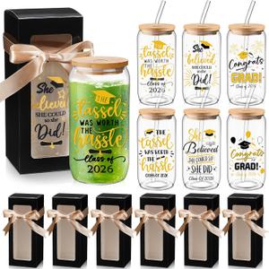 6 Sets Graduation Gifts for Her Graduation Glass Cups Class of 2026 College Cup 16 oz Can Shaped Beer Glass with Lids Straws Brushes Class of 2026 Gift Box Ribbon(Black Gold)