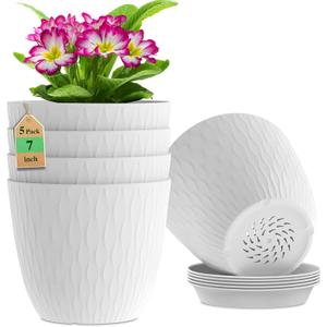 7 inch Plant Pots, 5 Pack Flower Pots with Drainage Holes and Saucers for Indoor Plants, Plastic Planters with Water Ripple for Small Garden House Plants, Nursery Pots for Succulent, White