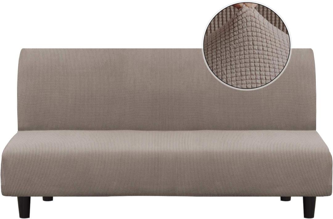 Turquoize Stretch Futon Cover Armless Sofa Cover Sofa Bed Slipcover Futon Couch Cover Furniture Protector with Elastic Bottom Feature Thick Soft Checked Jacquard Fabric, Taupe
