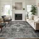 Area Rugs for Living Room 8x10 Machine Washable Rug, Boho Vintage Retro Large Floral Medallion Carpet for Bedroom Dining Room, Low Pile Lightweight Non Slip Rug, Black/Gray