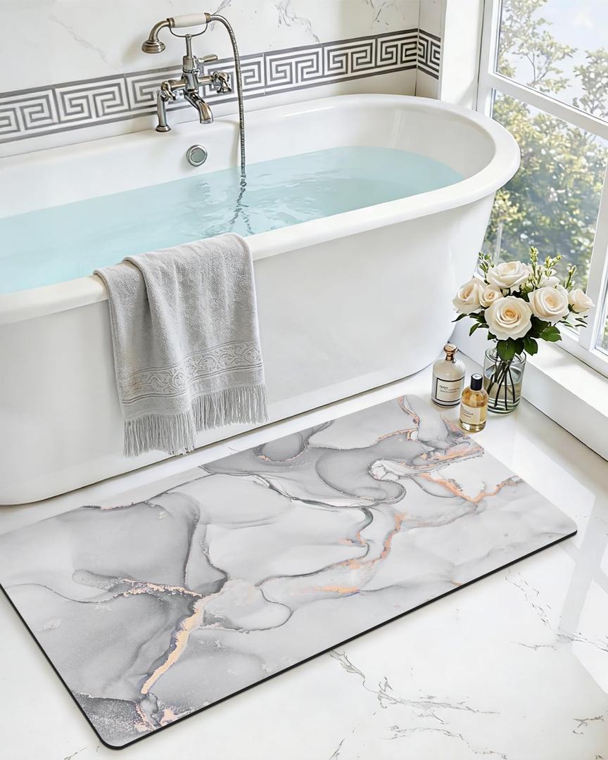 DEXI Bathroom Mat Ultra Thin, Non Slip Bath Rug for Shower Floor, Absorbent Quick Dry Marble Bathmats Low Profile, 17x43, Light Grey