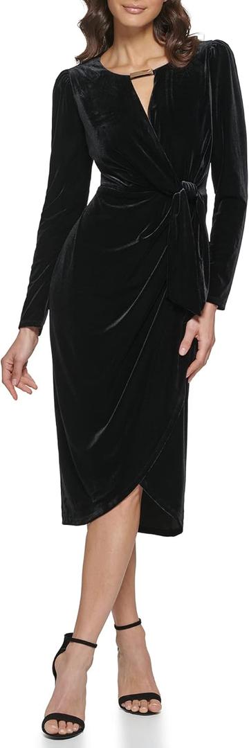 kensie Women's Long Sleeve Velvet Faux Wrap Midi Dress (4, Black)