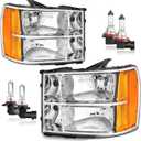 Headlights Assembly for 07-13 GMC Sierra 1500/07-14 Sierra 2500 HD 3500 HD Headlamp Replacement Chrome Housing Driver & Passenger Side