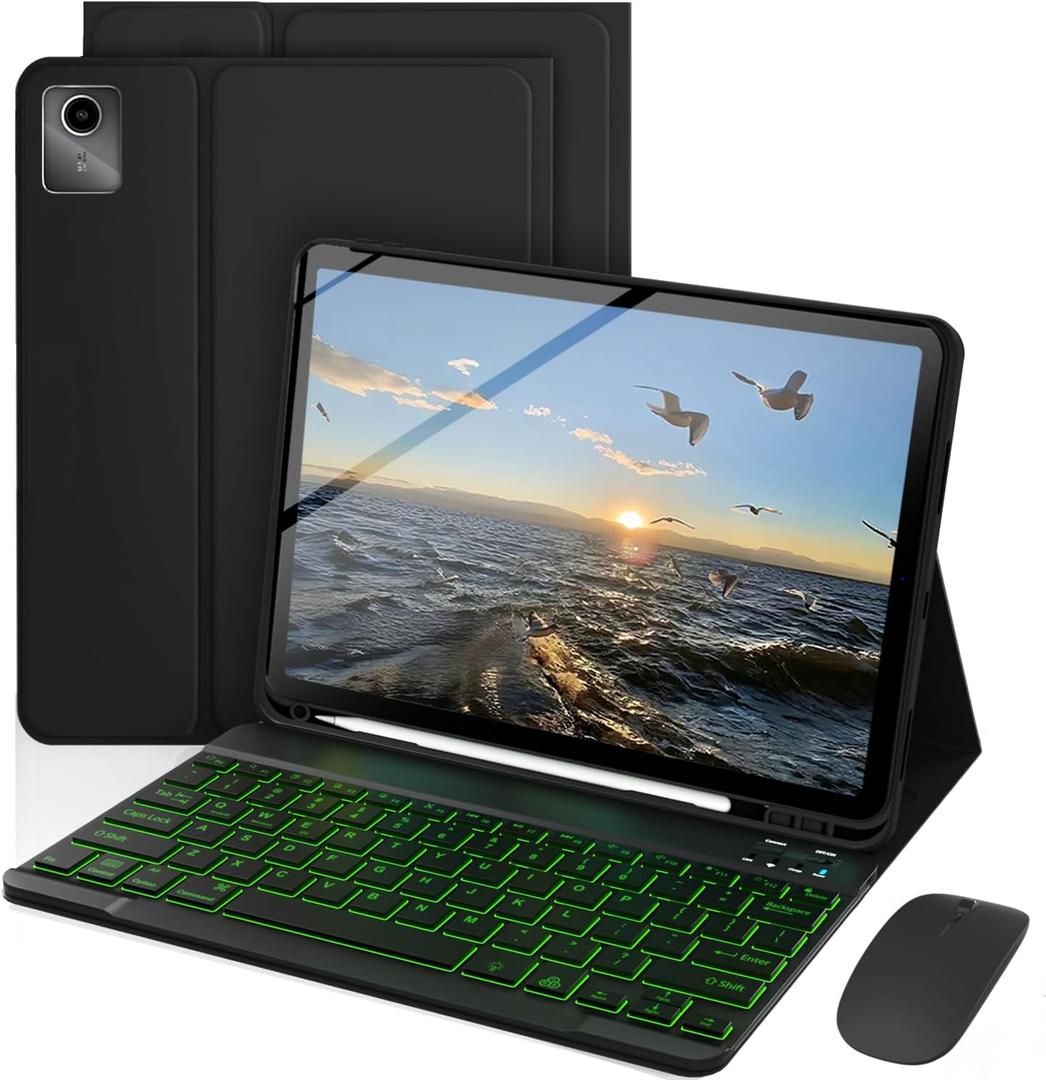 Keyboard Case for Lenovo Tab M11 / K11 LTE 11 Inch 2024, Mouse and 7 Colors Backlit Detachable Keyboard, Adjustable Stand Built in S Pen Holder, Auto-Sleep/Wake Feature, Black