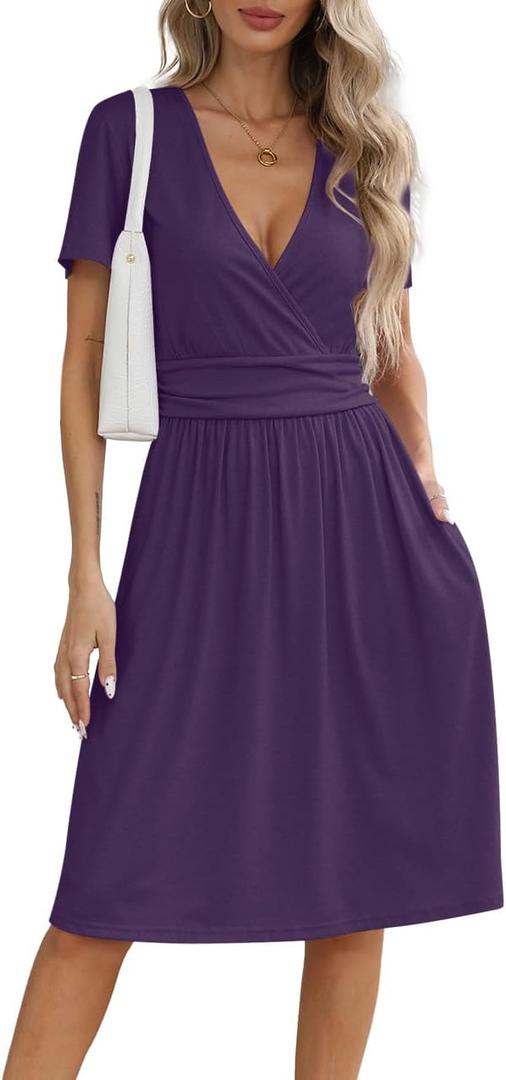 NILOUFO Women's Summer Casual Dress Short Sleeve Wrap V Neck Midi Dresses with Pockets (Large, Purple)