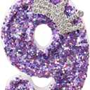 Purple Crown Birthday Candle, Glitter Number 9 Cake Topper With Sequins for Anniversary Celebrations Supplies