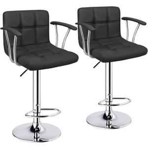 Bar Stools Set of 2,Armrest Adjustable Swivel Barstools with Back,Double Needle PU Leather Counter Height Bar Stools for Kitchen Island, Black