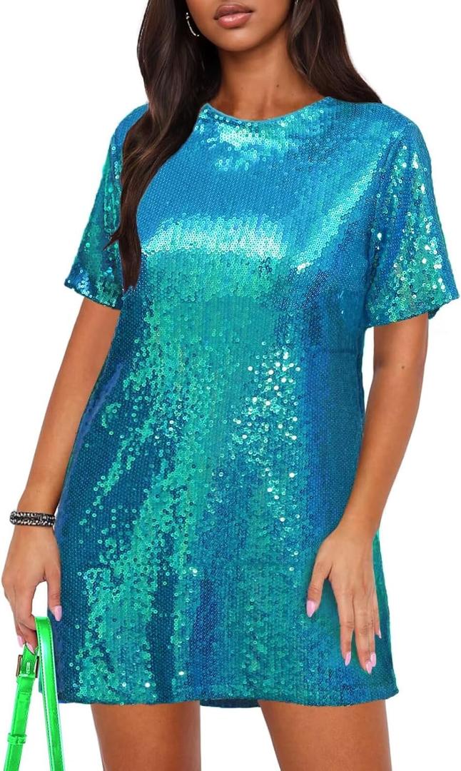 Ophestin Women's Sparkly Sequin T Shirt Dress Short Sleeve Crewneck Tie Backless Glitter Party Club Dresses (X-Large, Green)