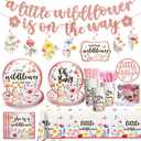 162pcs Wildflower Baby Shower Decorations Tableware for 25 Guests A Little Wildflower is on the Way Baby Shower Banner Hanging Swirls Plates Napkins Straws Forks Tablecloth for Girl