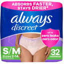 Always Discreet Adult Incontinence Underwear for Women and Postpartum Underwear, Small/Medium, Up to 100% Bladder Leak Protection, 32 Count