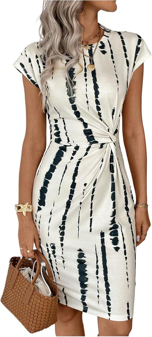 Milumia Women's Twist Printed Dress Ruched Crew Neck Dolman Cap Sleeve Summer Dresses (Large, Multicolor)