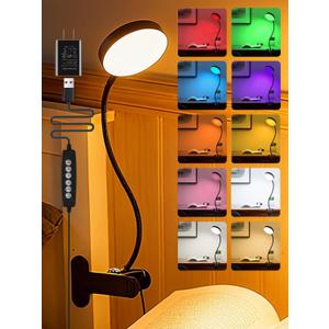 Clip on Light,10 RGB Colors&10 Brightness Clip on Lamp,500LM Bright Reading Light for Bed,Clip on Desk Lamp Reading Lamp with USB Adapte for Bed/Headboard/Bedside/Desk/Puzzle/Craft