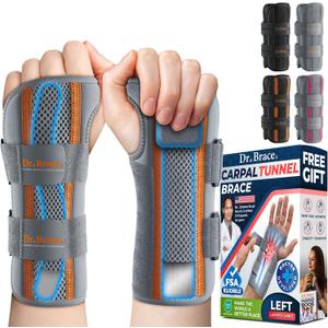 DR. BRACE Adjustable Wrist Brace Night Support for Carpal Tunnel, Doctor Developed, Upgraded with Double Splint & Therapeutic Cushion,Hand Brace for Pain Relief,Injuries,Sprains (L/XL Left Hand, Grey-Orange)
