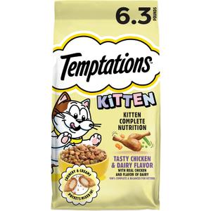 Temptations Kitten Dry Cat Food, Chicken & Dairy, 6.3 lb, 3 Pack | Real chicken, DHA for brain development, strong bones & muscles, crunchy outside & soft inside, 100% complete & balanced (EXP 09/17/26)