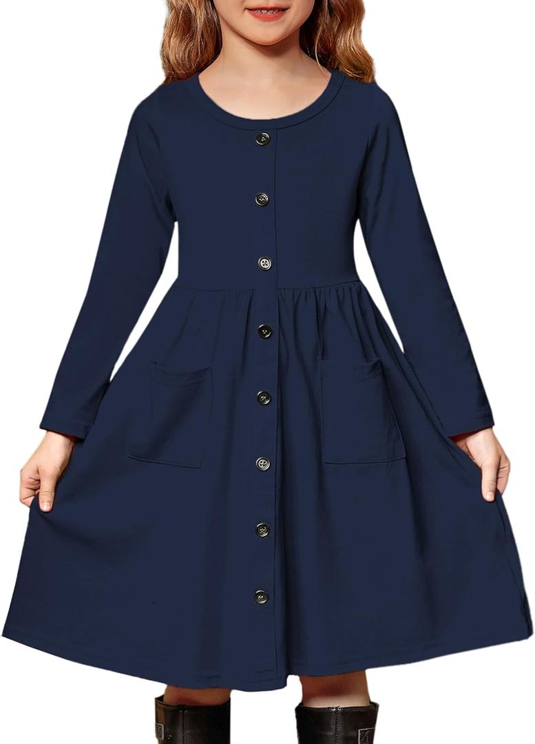 Arshiner Girl's Dresses Button Down Midi Long Sleeve Casual Sundress A-line Dress with Pockets (9-10 Years)