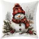 Vintage Red Plaid Christmas Snowman Pillow Covers 18x18, Winter Home Decor, Rustic Winter Holly Berry Xmas Snowman Decorative Throw Pillow Covers for Couch Sofa Bedroom Living Room