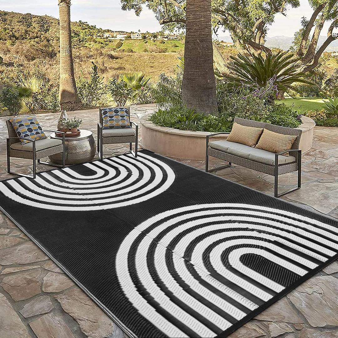 Anidaroel Outdoor Area Rug for Patio Clearance 6X9ft Waterproof, Reversible Plastic Straw Rug Outside Rug, UV Resistant RV Mat for Camping, Porch, Balcony, Pool Deck(Black&White, 6x9')