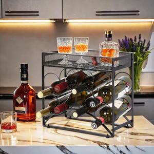 Countertop Wine Rack with Top Storage Basket, Metal Small Tabletop 8 Wine Bottles Holder with Adjustable Feet, Wine Rack Stand with Tray for Home Decor & Kitchen Counter Storage