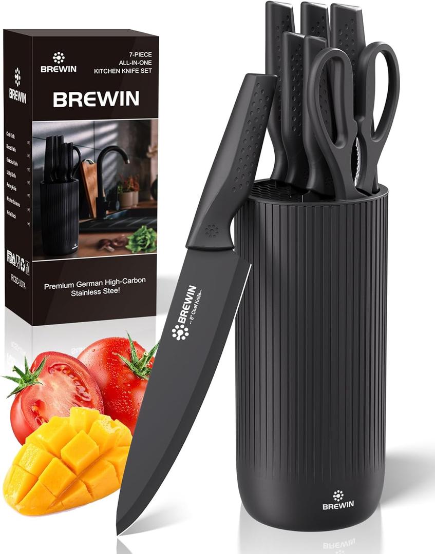 Knife Set, Brewin Kitchen Knife Set, Knives Set for Kitchen, Universal Knife Block, Utility Knife Block Set, Kitchen Essentials, New Home Essentials, Apartment Essentials, Dishwasher Safe (Charcoal)