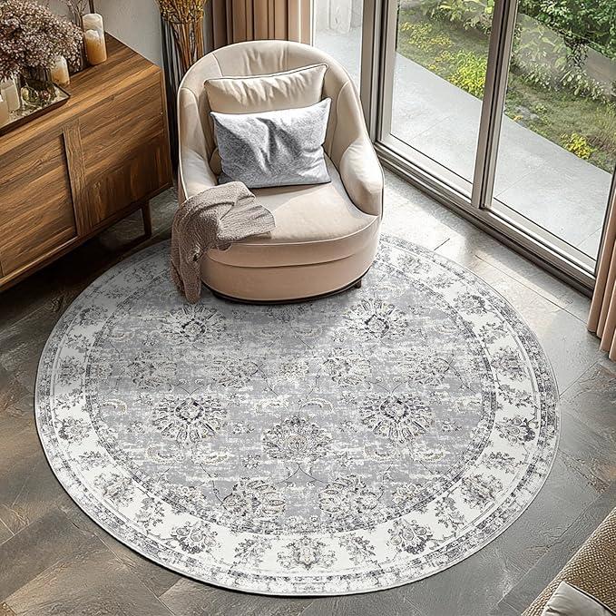 jinchan Fiora Round Rug 5ft Area Rugs Vintage Floral Distressed Design - Machine Washable Non-Slip Low-Pile Ultra-Thin Circle Rug for Entryway Bedside Living Room Dining Room Bedroom (5' Round, Grey)
