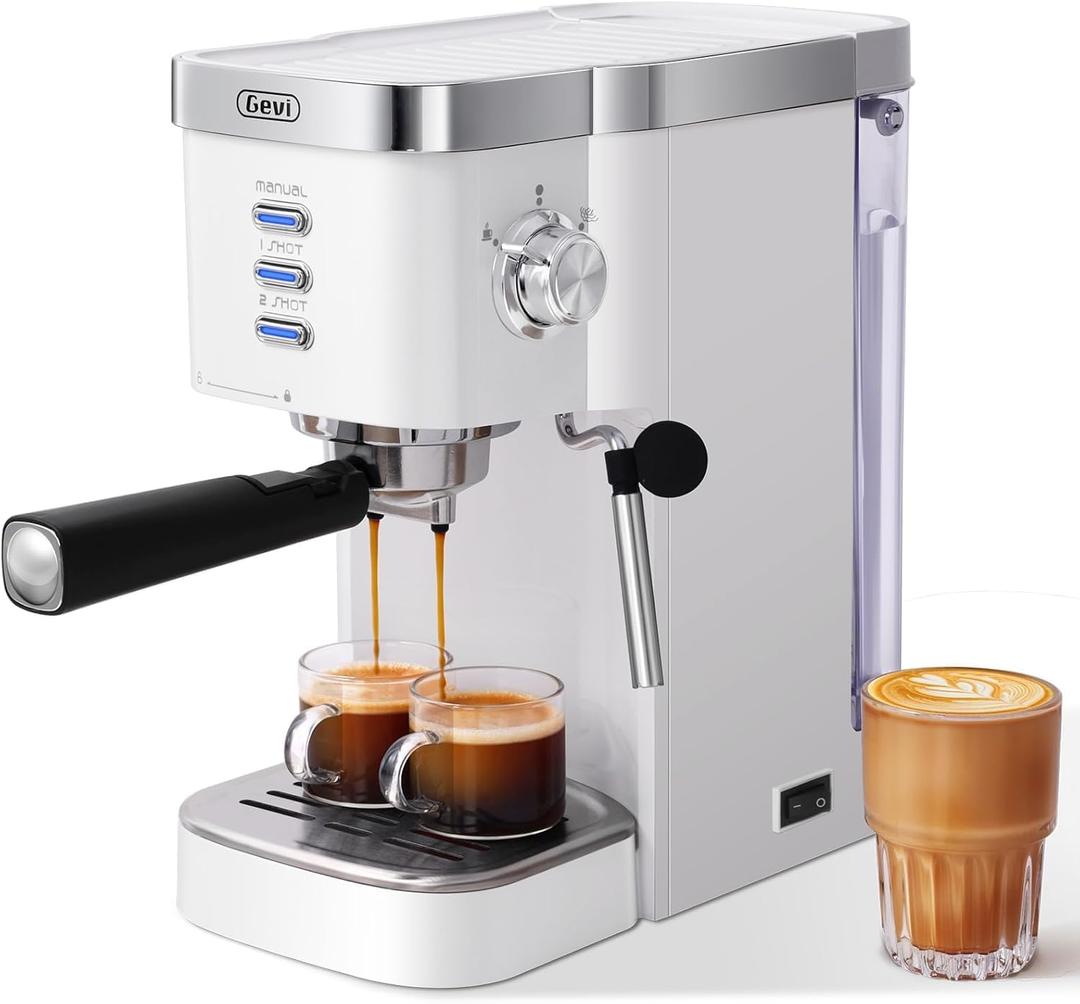 Gevi Espresso Machine 20 Bar High Pressure,Super Automatic Espresso Machines with Milk Frother Steam Wand,Cappuccino & Latte Maker with Volume Control for Home,Espresso Maker, Gift for Coffee Lover (Silver White)