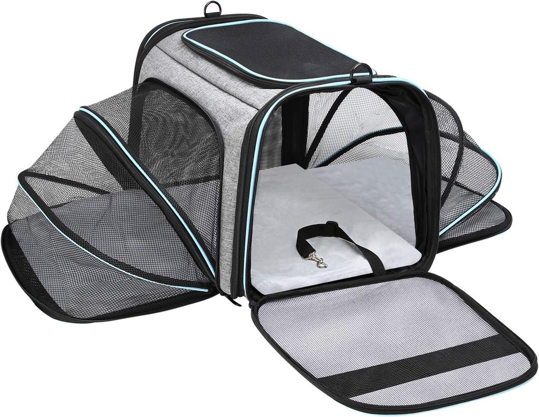 Airline Approved Portable Pet Carrier 2 Sides Expandable Soft-Sided Large Cats Carrier Collapsible Kennel Travel TSA Carrier 4 Doors with Removable Pads and 3 Pockets for Puppy Small Dogs