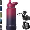 RUBYFLASK 32oz Insulated Water Bottle with Straw, Stainless Steel Metal Vacuum Water Flask, Large Thermal Water bottle with Leakproof 3 Lids for Travel, Camping, Gym Sports Dark Rainbow