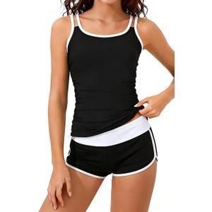 KIDLAGA Girls Tankini Swimsuit 2 Piece with Shorts Tummy Blocking Bathing Suit Cross Back Tank Swimwear Size 11 Y