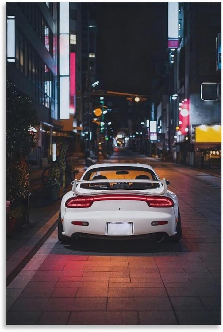 KTIMIPE White Modified Jdm Car Rx7 Night Poster Canvas Wall Art Decor for Bedroom Living Room Office Bathroom Home Pictures Print Wall Decor 12x18inch(30x45cm)