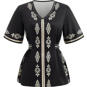 Women's Boho Print V Neck Blouse Elegant Short Sleeve Dressy Casual Tops Black Large