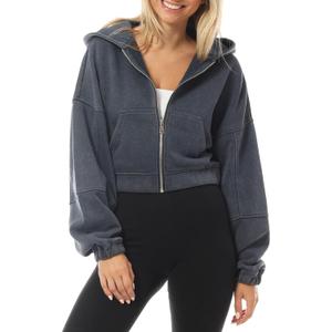 Design by Olivia Women's Zip Up Hoodies Cropped Sweatshirts Fleece Jackets Fall Outfits Casual Hooded Tops Winter Clothes Navy, Medium (Vintage Acid Wash) 