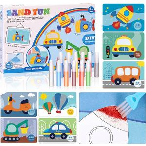 Colorful Sand Art Kit Crafts for Kids Ages 4-8- 12 Colored Sands, 16 Vehicles Sand Art Pictures - DIY Crafts Set for Girls and Boys，Arts and Crafts for Kids Ages 8-12