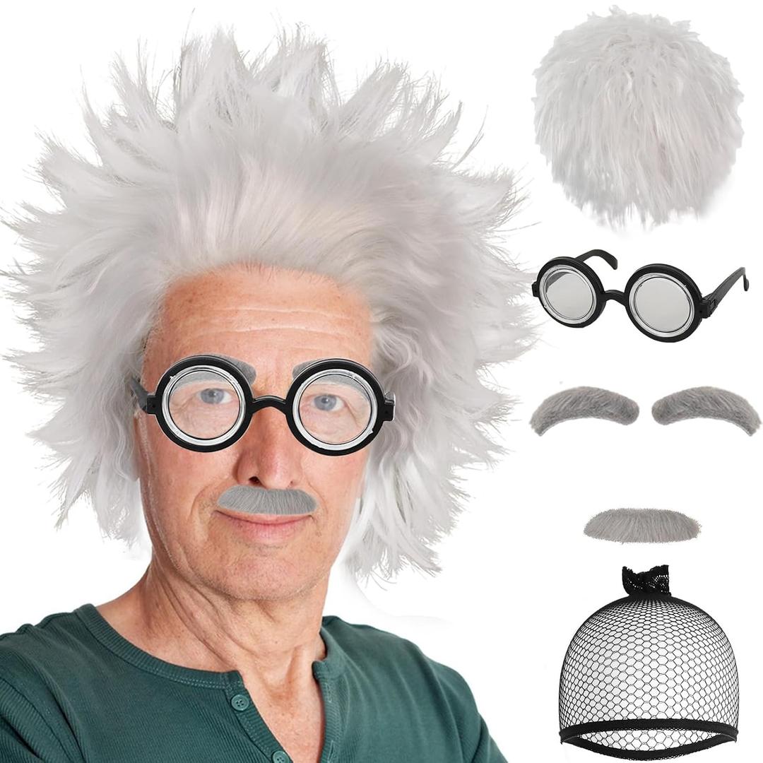 6 Pcs Set Old Man Wig Adult +Eyebrows+Beard+Glasses Mad Crazy Scientist Wigs Short Messy White Crazy Grandpa Cosplay Outfit 100 Days of School Wigs for Halloween Costume Party+Wig Cap