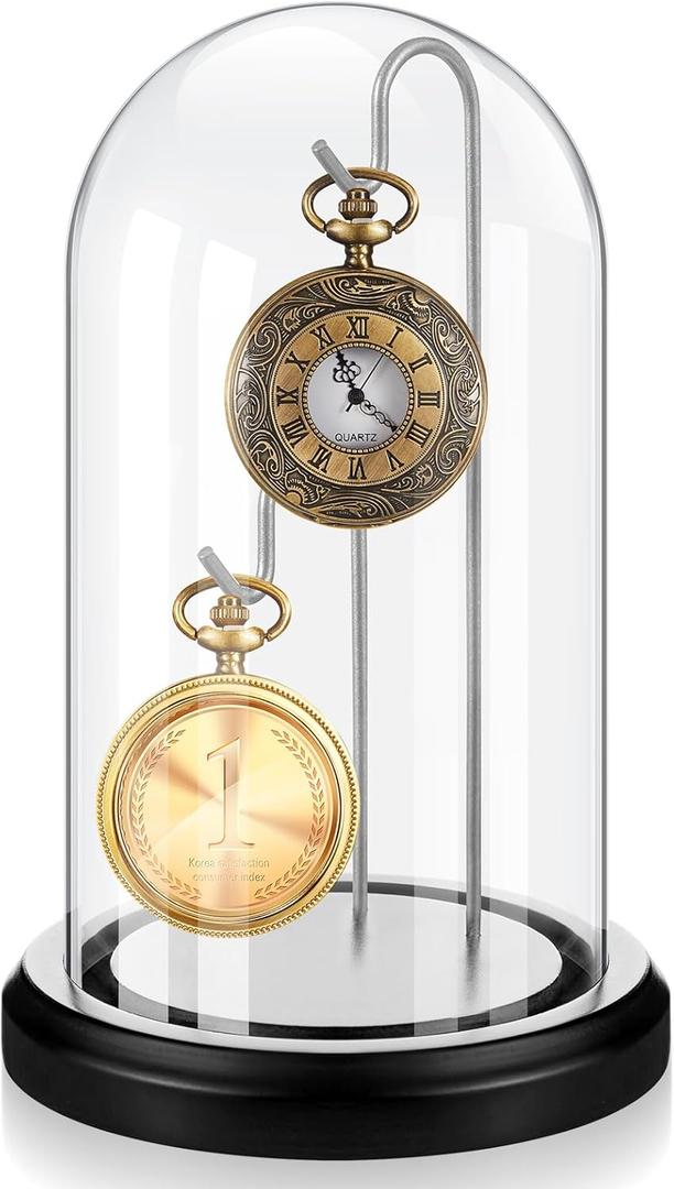 Beeveer 4 x 7 Inch Pocket Watch Glass Display Dome Cloche with 2 Hooks Clear Pocket Watch Display Case Stand Glass Cloche Showcase with Wood Base for Ornaments Medals Collectibles (Black and Silver)