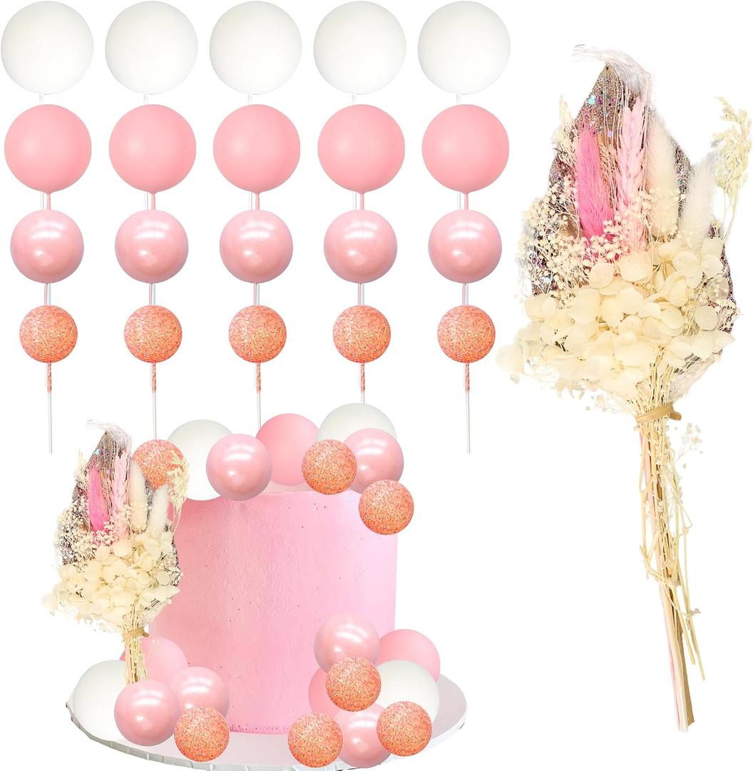 Ephlyn 21Pcs Ball Cake Toppers Flower Palm Leaf Cake Decorations for Bohemian Theme Boho Birthday Wedding Baby Shower Party Supplies Pink White