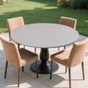 Round Fitted Tablecloth with Elastic Edge,Flannel Backed Vinyl Tablecloths, Wipeable Waterproof Plastic Table Cloth Fits 57" - 65" Round Table for Dining, Camping, Indoor and Outdoor, Light Gray