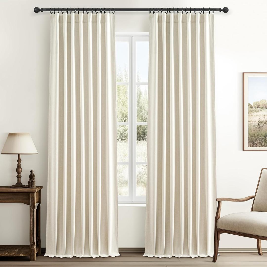 Warm Cream Thick Linen Black Out Curtains 92 Inch Long for Living Room 2 Panels Set, Farmhouse Pleated Room Darkening Window Drapes Insulated Privacy for Kids Bedroom 50"W x 92"L (Rod Pocket Back Tab)