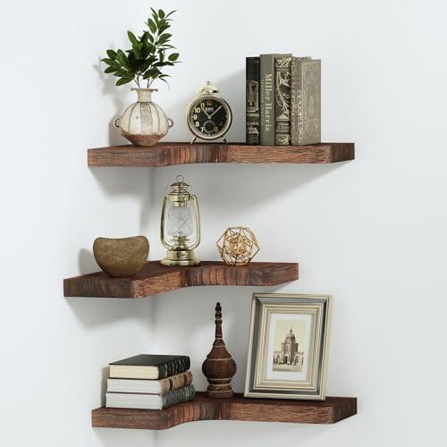 SAUMONIERES Corner Floating Shelves Wall Mount Shelf Solid Wood for Bedroom Bathroom Room Kitchen Storage Set of 3, Rustic Brown, Invisible Brackets