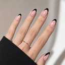 3 x Black French Tip Press On Nails, Short Almond Reusable Nails | Includes 32 reusable nails, glue, and 16 sizes for an easy fit and a glossy salon-style French manicure at home or on the go