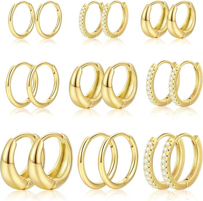 9 pairs gold hoop earrings sets for women man' 14k gold plated small hoop earrings set multiple piercing small tiny lightweight earrings for sensitive ears everday