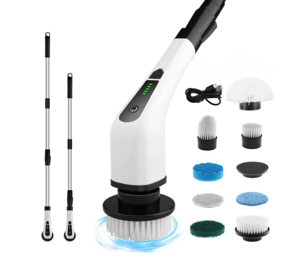 Electric Spin Scrubber, Cordless Cleaning Brush with 8 Replaceable Heads, Adjustable Handle, Dual Speed Power Scrubber for Bathroom, Bathtub, Floor, Tile, and Kitchen Cleaning
